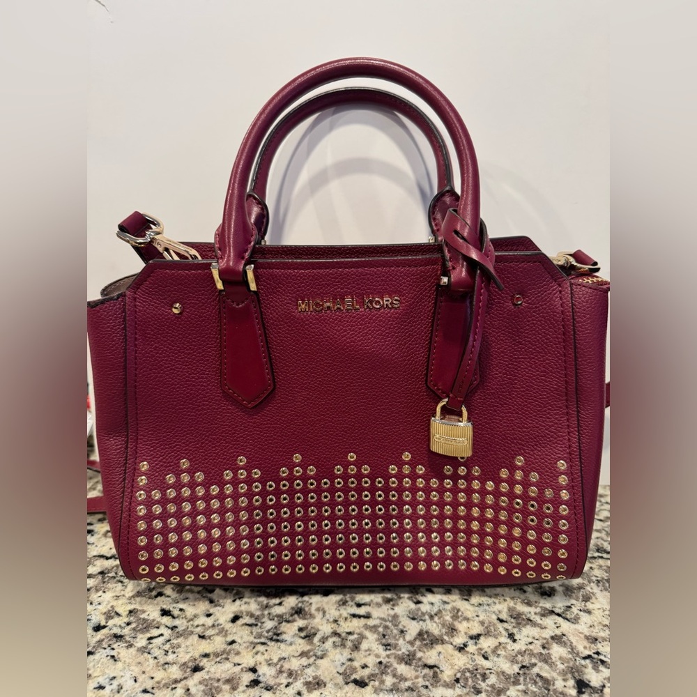 Michael Kors Burgundy Studded Satchel - Picture 2 of 7